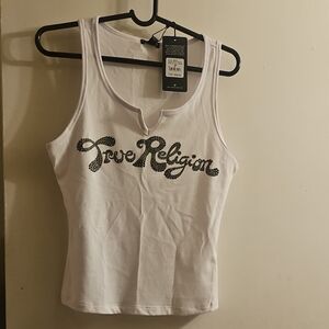 True Religion White Tank with Black Embellished Logo